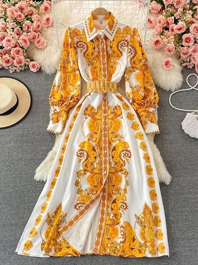  Femmes Robe Midi Robe bohème Mode Classique Vacances Sortir Week-end Coupe régulière Fleur manche longue Col de chemise Jaune Été