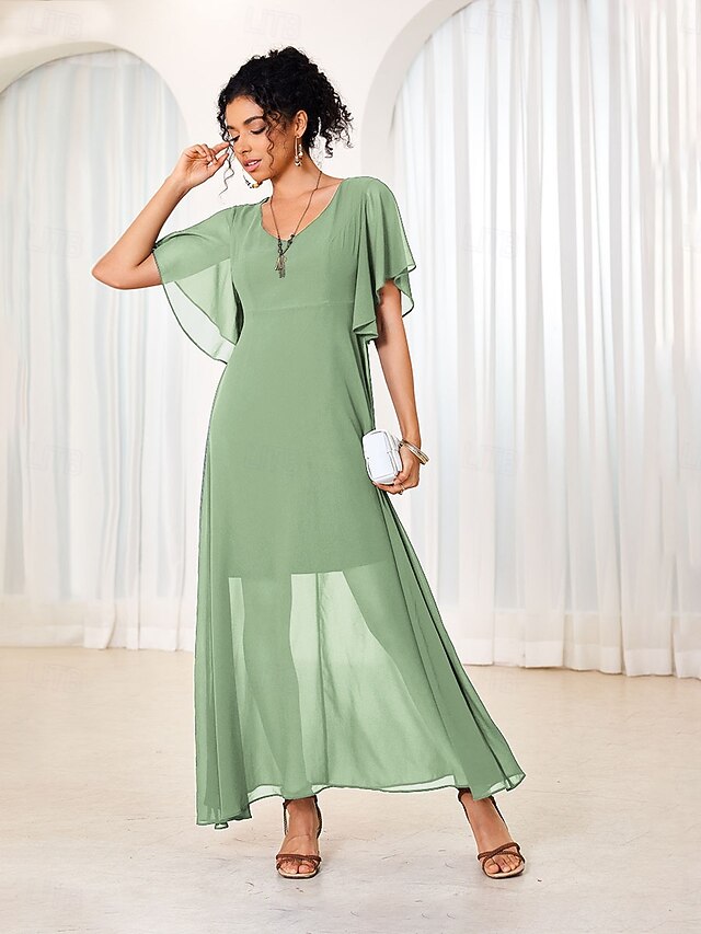 Women's Maxi Dress Elegant Flutter Sleeve Solid Blue Scoop Neck Cinched Waist Flowy Sheer Overlay Formal Event Party Summer All Sizes4