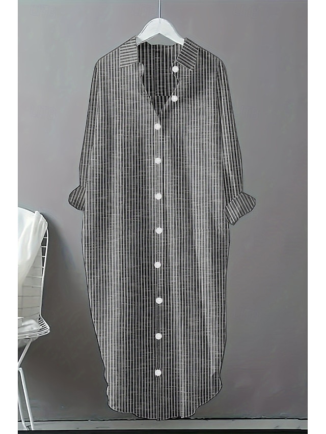  Femmes Robe Midi Robes inspirées du lin Robe Chemise Robe en coton et lin Mode Basique Classique Quotidien Fête Week-end Coupe régulière Rayé manche longue Col de chemise Noir Rouge Été