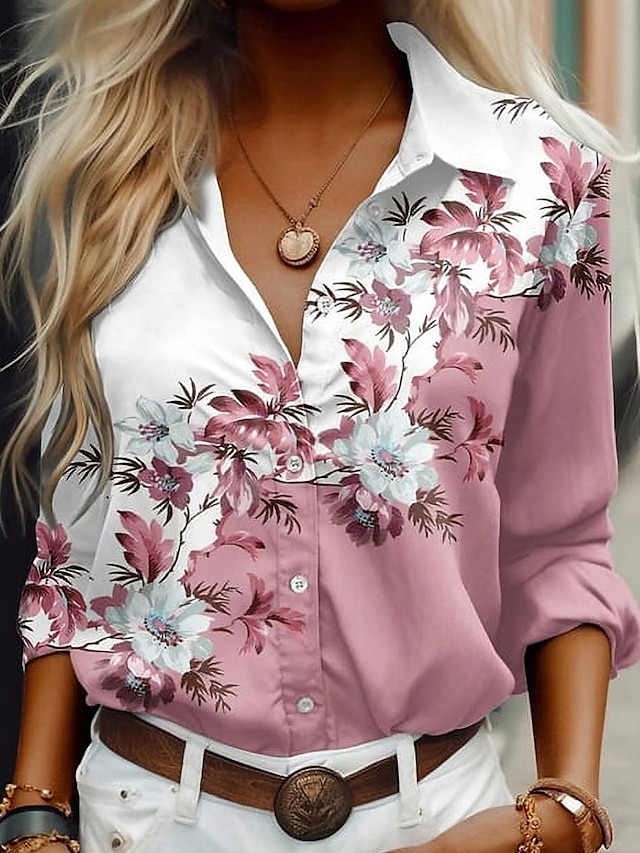  Chemise Femme à Boutons Tunique Col Longue Manche Imprimé Floral Graphique Décontractée Regular Tops Travail Quotidien Rose Bleu Vert Printemps Automne Hiver