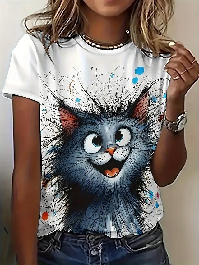  Femme T shirt Tops d'été Graphic Chat Classique Décontractées Manche Courte Col Ras du Cou Hauts courts du quotidien Fin de semaine Imprimer Arc-en-ciel Eté Printemps Automne