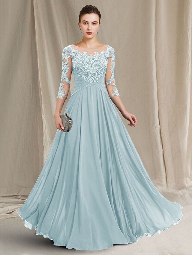 A-Line Jewel Neck 3/4 Length Sleeve with Lace Appliqued Chiffon Mother of the Bride Dress main image 1