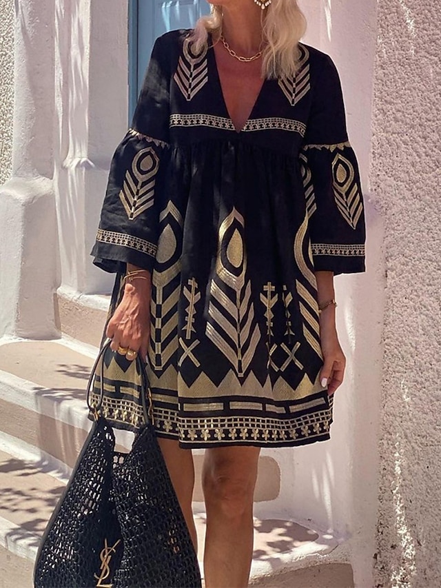  Femmes Mini Robe Robe trapèze Occasionnel Extérieur Sortir Coupe régulière Graphique Géométrique Manche 3/4 Col en V Noir Été