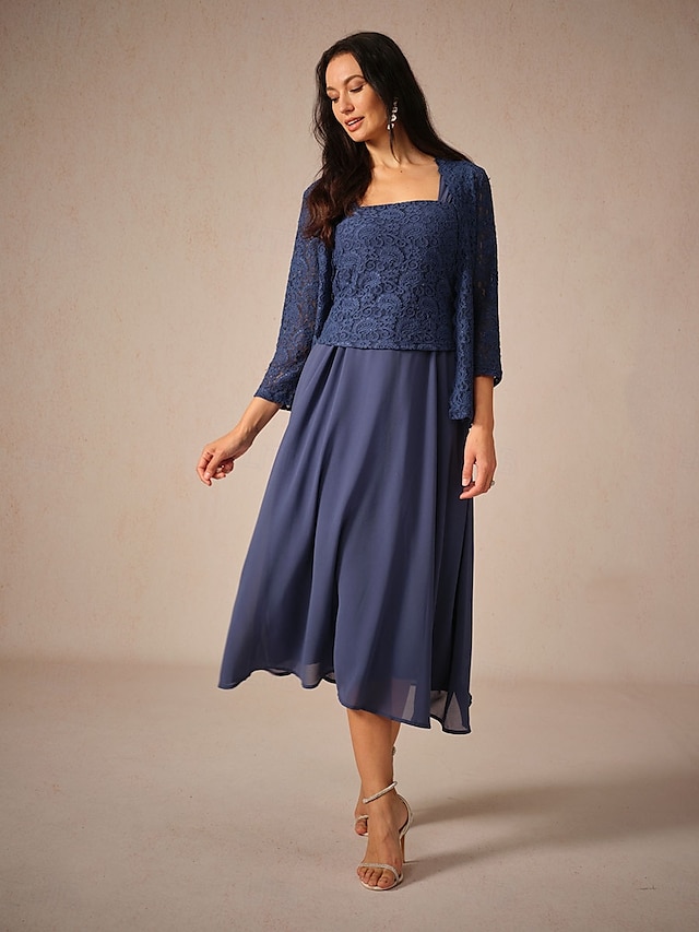  Pentru femei Set de rochii Rochie A line Rochii Semi Formale Dantelă Rochii Midi Lungime Manșon 3/4 Pătrat Invitat la nunta Bleumarin Vară Primăvară Fit regulat