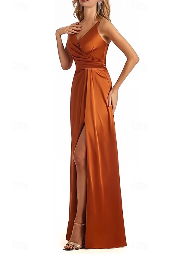  A-Line Bridesmaid Dress V Neck / Spaghetti Strap Sleeveless Elegant Floor Length Satin with Split Front / Ruching