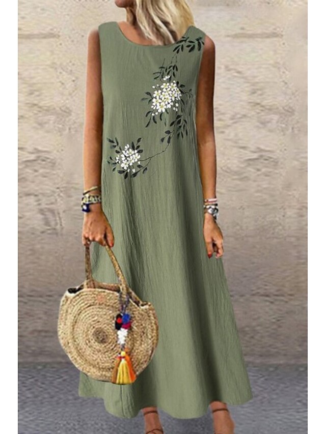 Women's Midi Dress Cotton Linen Dress Basic Classic Daily Holiday Weekend Regular Fit Flower Sleeveless Crew Neck Green Summer4