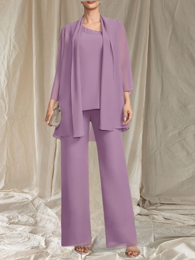  Jumpsuit  Hosenanzug 3-teilig Kleid der Mutter der Braut Hochzeitsgast Elegantes gewelltes Dekolleté bodenlang Chiffon 3/4-lange Ärmel mit Perlen