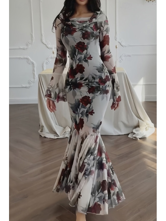  Femme robe longue Robe Fourreau Robe à fleurs Robe imprimée Mode Robe chic Extérieur Vacances Rendez-vous Standard Fleur manche longue Col Ras du Cou Rouge Rose Printemps