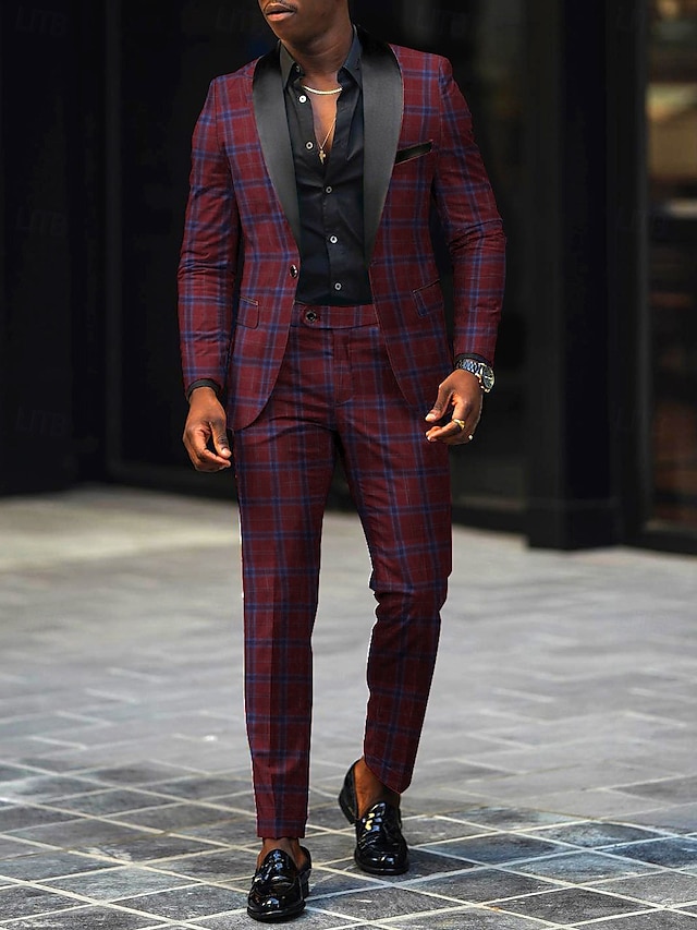  Completi da uomo per feste smoking completi per il ritorno a casa rosso moda retrò vintage a quadri vestibilità standard 2 pezzi monopetto un bottone