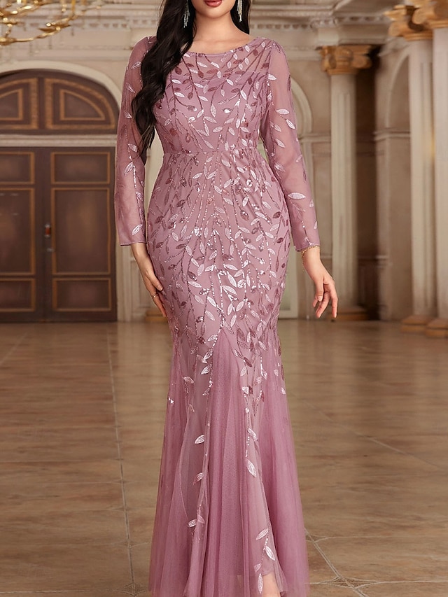  Kleid Mutter der Braut Kleid Elegant Party Rundhalsausschnitt Bodendland Polyester Langarm mit Stickerei 2025