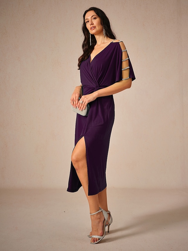  Femme Robe mi-longue Robe en maille Elégant mode Soirée Rendez-vous Standard Couleur unie Manche Courte Col V Aubergine Eté