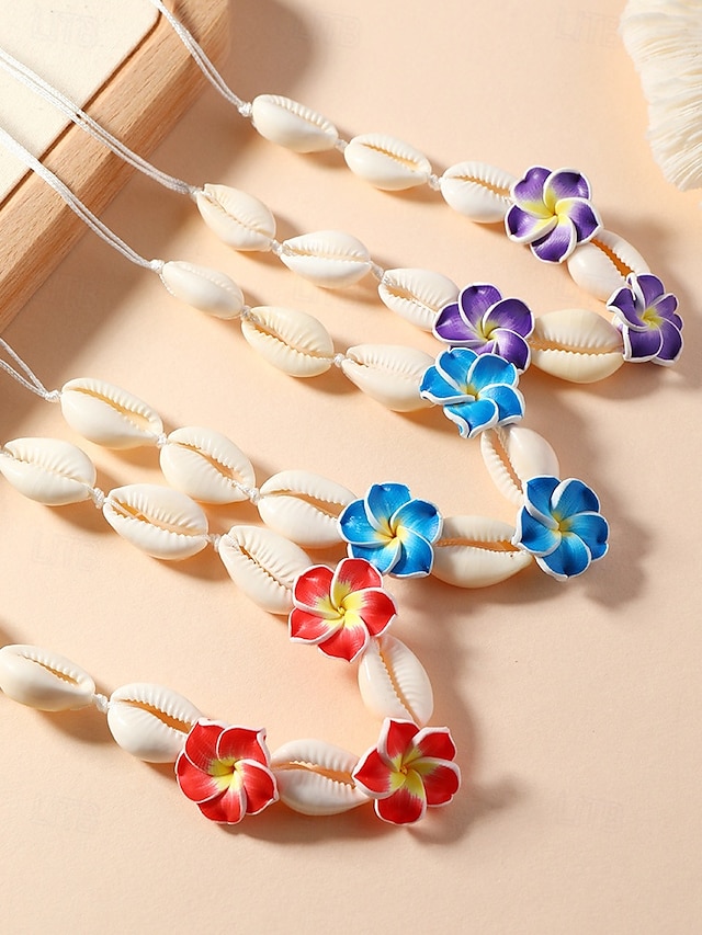  Handmade Cowrie Shell Necklace with Plumeria Flowers – Boho Hawaiian Beach Jewelry for Women, Adjustable Summer Surfer Choker, Tropical Vacation & Festival Accessory