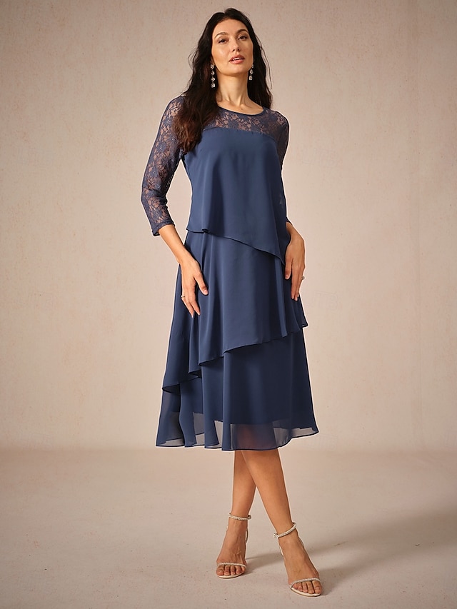 Winter Wedding Guest Dress in Navy Blue with Sleeves