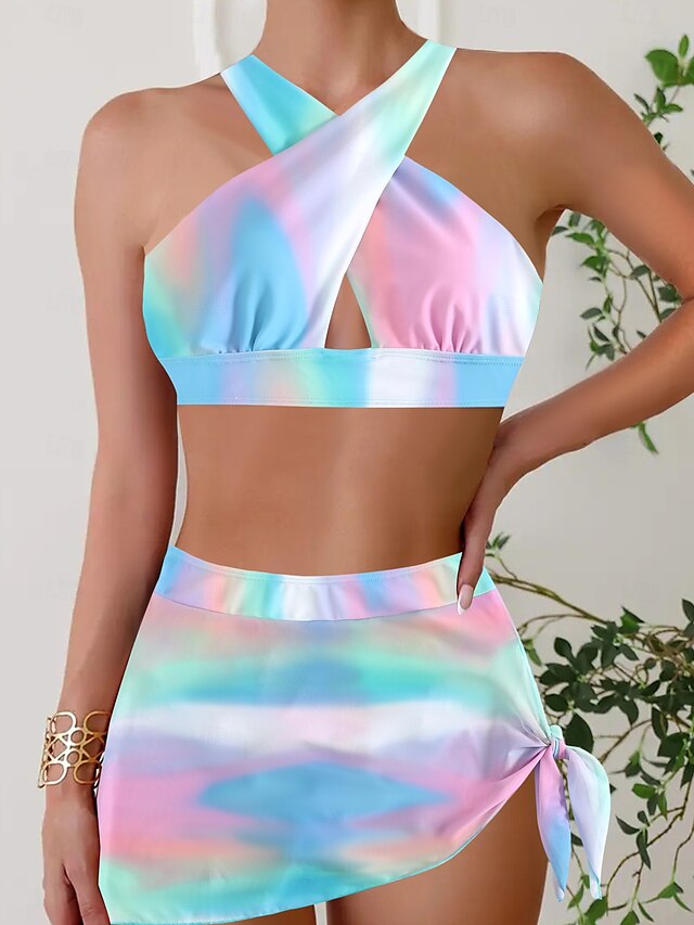  Women's Swimwear Bikini 2 Piece Cheeky Swimsuit Push Up Knitted Vacation Tropical Floral Color Block Halter Neck Sleeveless Bathing Suits
