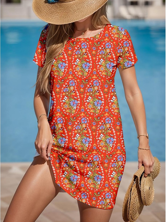 Naisten Mini Mekko A-linjainen Mekko T-Paita Mekko Tee Mekko Kesämekko Vapaa-aika Päivittäinen Säännöllinen Sopii Kukka Grafiikka Lyhyt Hiha Pyöreä Kaula Punainen Kesä Kevät