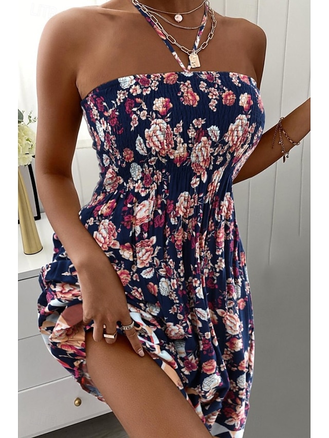  Dame Mini kjole Sommerkjole Halter Neck kjole Print kjole Mote Daglig Ut på byen Helg Normal Blomsternål i krystall Ermeløs Grimehals Hvit Navyblå Blå Sommer