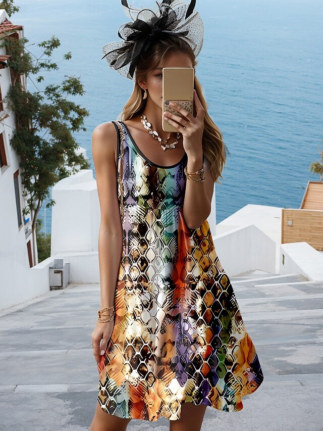  Robe Mini Femme Robe Décontractée Robe d'Été Boho Vacances Décontractée Vacances Quotidienne Fête Ajustement Régulier Graphique Géométrique Boho Sans Manches Col Ronde Arc-en-ciel Été
