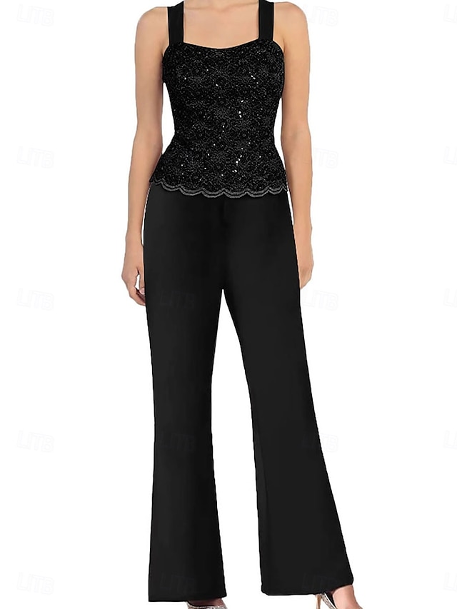  Hosenanzug Mutter der Braut Kleid Elegantes einfaches Rundhals Knöchellang Polyester Langarm mit Spitze Einfarbig