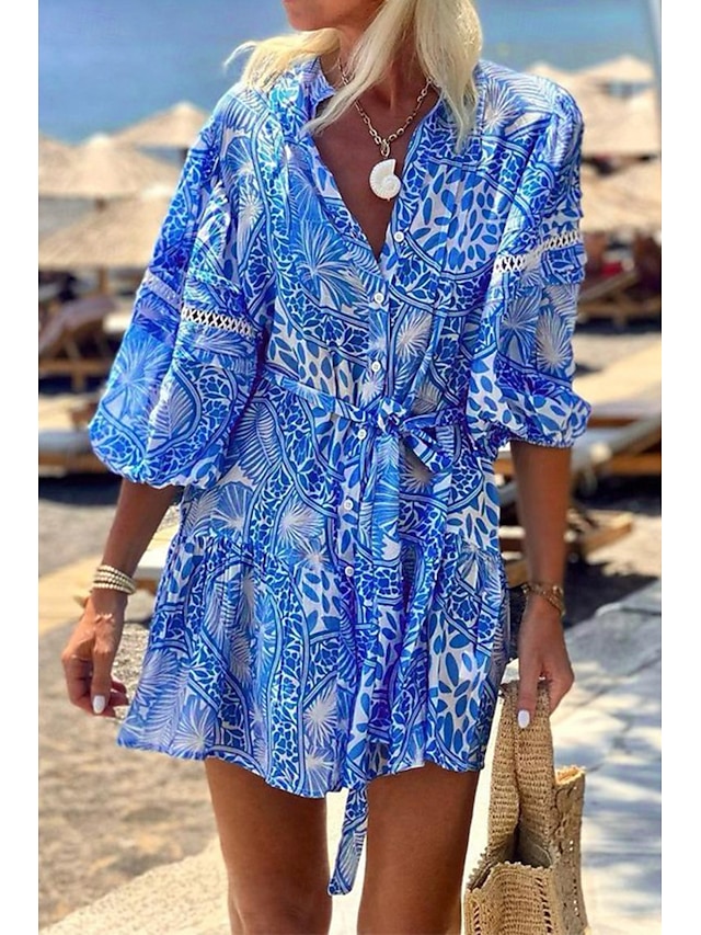  Femme Mini robe Robe imprimée Mode du quotidien Vacances Rendez-vous Standard Fleur Manches 3/4 Col V Bleu Eté