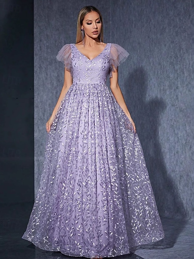  Kleid Mutter der Braut Kleid elegantes lässiges V-Ausschnitt bodenlang Polyester Kurzarm mit Blume