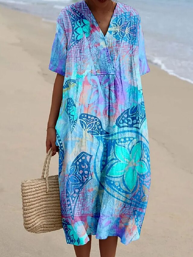 Women's Midi Dress Sundress Summer Dress Vacation Casual Beach Going out Loose Fit Floral Graphic Half Sleeve V Neck Blue Summer3