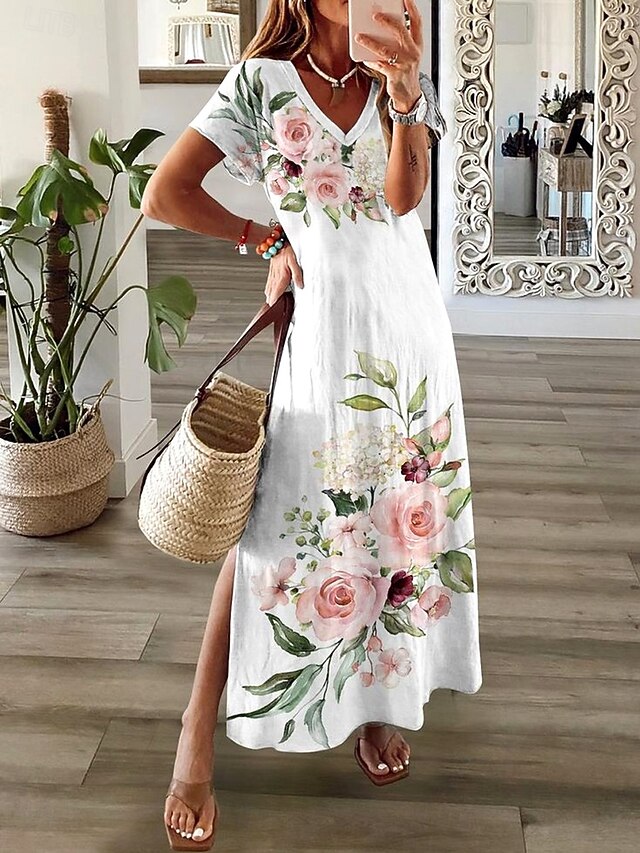 Women's Maxi Dress T Shirt Dress Tee Dress Sundress Shift Dress Summer Dress Bohemia Party Holiday Beach Regular Fit Floral Vintage Short Sleeve Crew Neck White Summer Spring4