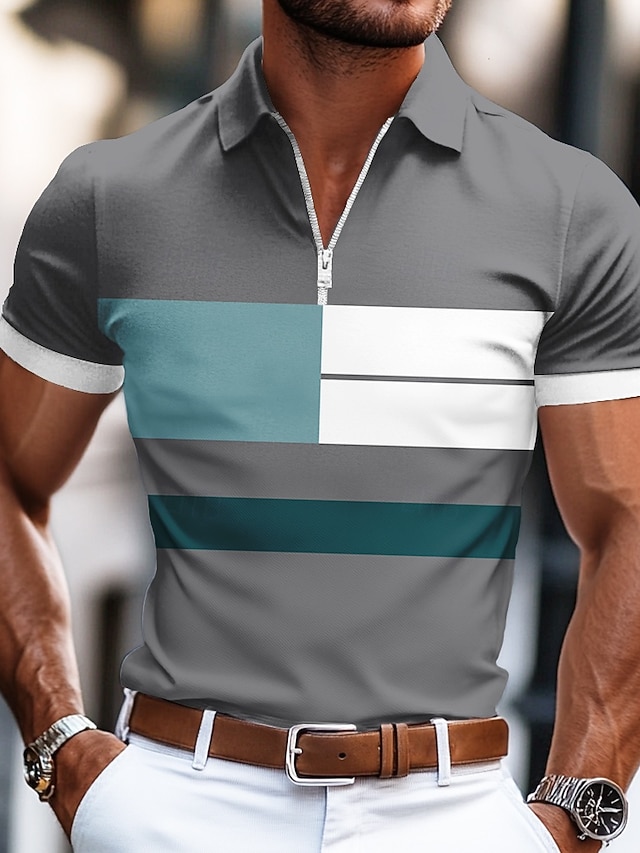  Miesten Raidoitettu Rugby Polo Lyhythihainen Poolopaidat Kauluspaidat Business Casual liiketoiminta Urheilu- ja treenivaatteet Käytä töihin Arki-asut 3D-tulostus Kesä Musta Sininen Harmaa