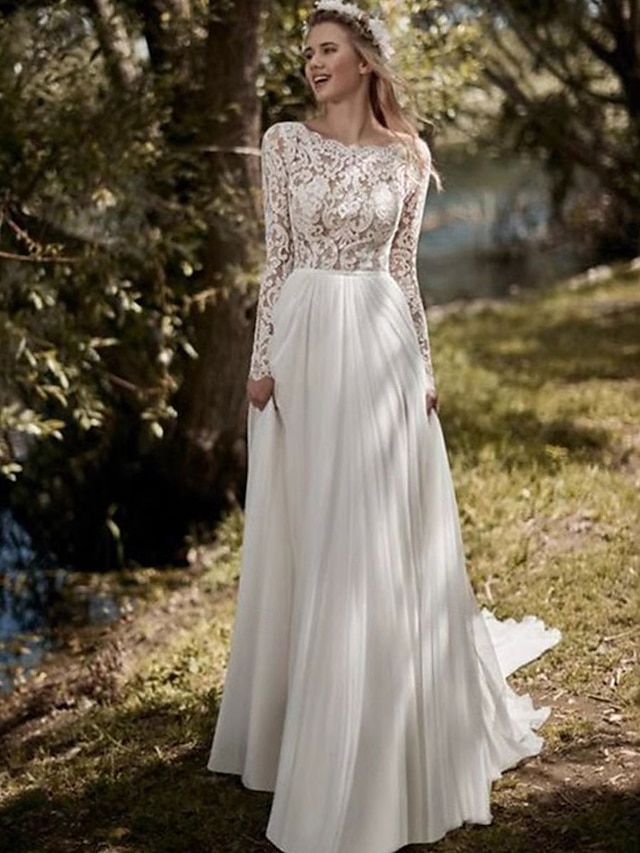  Vestidos de Boda Casuales A-Línea Boda de Playa Cuello con Picos Boho Barpque Encaje Manga Larga Cola Barrido Vestidos de Novia de Encaje Chiffon Plisado