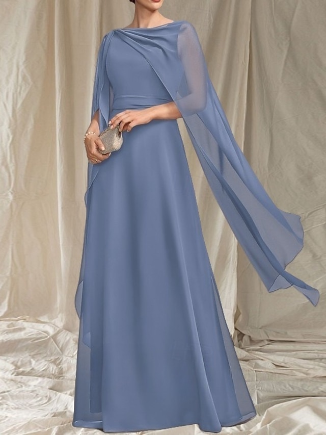  A-Linie Brautmutter Kleid Hochzeitsgast Elegant Rundhalsausschnitt Bod-Length Chiffon Ärmellos mit Sash  Band Rüschen Raffung