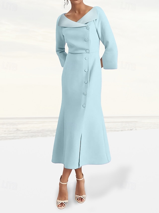  Blazer Kleid A-Linie Brautmutter Smoking Kleid Elegant Vintage Einfach V-Ausschnitt Bodenlang Satin Crepe 3/4-Länge Ausgestellte Ärmel mit Schlitz Überzogene Knöpfe 2025