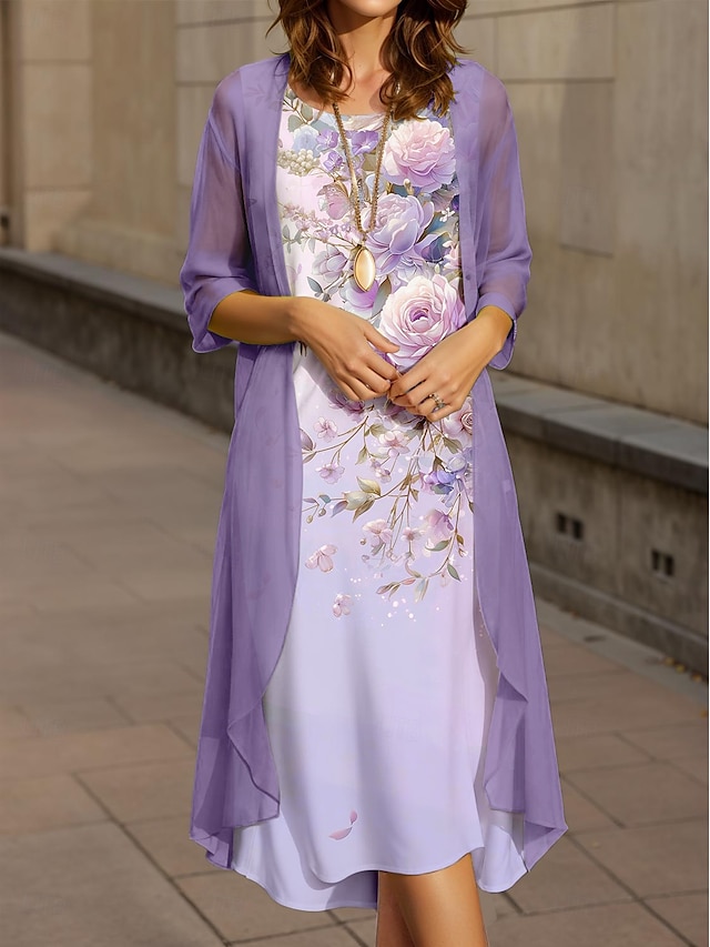  Women's Graduation Midi Dress 2 Pieces Dress Set A Line Dress Summer Dress Vacation Casual Floral Graphic Pleated Print Half Sleeve Crew Neck Vacation Daily Purple Spring Fall Regular Fit