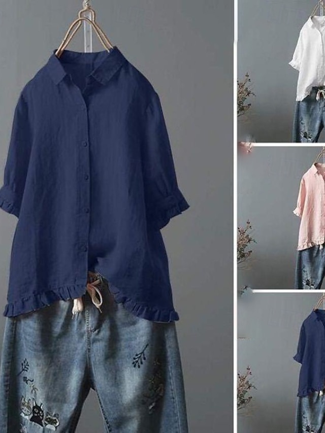  Per donna Camicia Blusa Camicie di cotone e lino Semplice Essenziale Moderno Manica Corta Colletto a Camicia Top Regolari Quotidiano Ferie Uscire Bottoni Bianco Giallo Rosa Blu marino Azzurro Estate