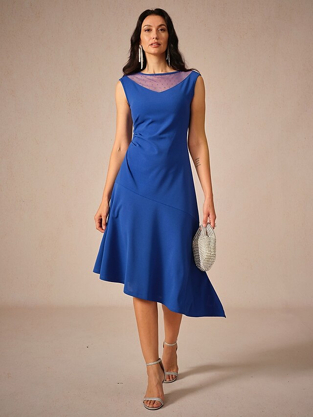  Mujer Vestido Midi Vestido de Punto Elegante Fiesta Cita Ajuste regular Color sólido Sin Mangas Cuello Barco Azul Real Verano