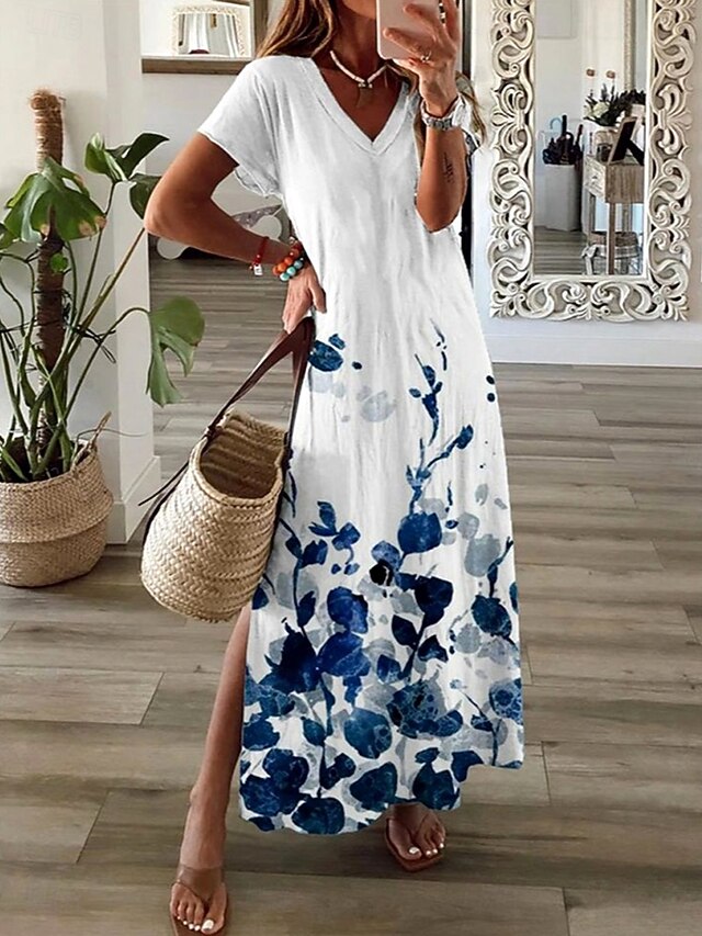 Women's Maxi Dress A Line Dress Summer Dress Elegant Vacation Casual Vacation Daily Regular Fit Ombre Floral Graphic Short Sleeve V Neck Blue Summer Spring Fall4