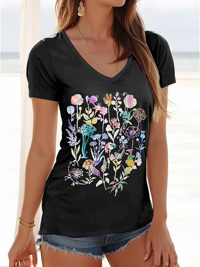  Pentru femei Tricou Floral Grafic Casual Manșon scurt În V Topuri obișnuite Zilnic Imprimeu Negru Vară Primăvară