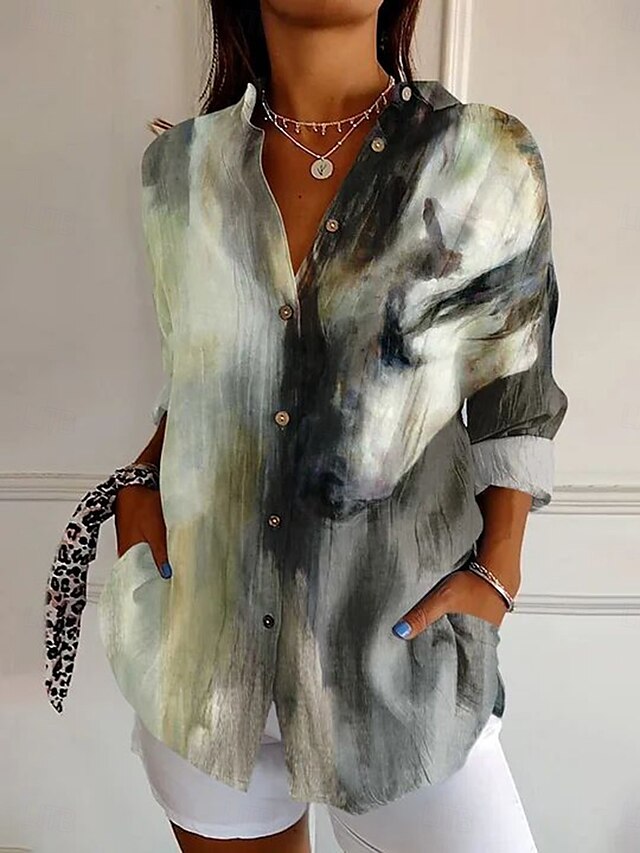  Per donna Camicia Ombre Grafico Tinta a nodi Casual Manica Lunga Colletto a Camicia Top Regolari Lavoro Quotidiano Bottoni Stampato Verde salvia Primavera Autunno Inverno