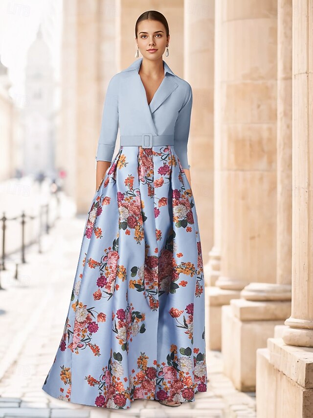 A-Line Evening Gown Minimalist Dress Wedding Guest Floor Length Half Sleeve Satin with Sash Ribbon main image 1