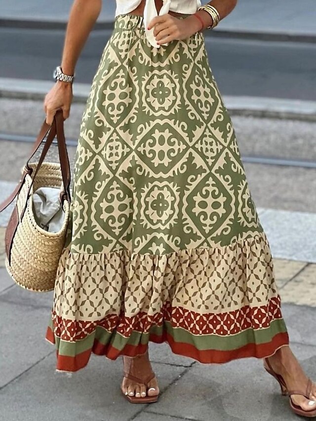  Damenrock Maxirock A-Linie Swing Bohemia Ethnisch Legere Maxirocken Hochtaillierte Blumenmuster Mikro-elastisch Urlaub Straße Schwarz Hellgrün Blau Lila Sommer Polyester