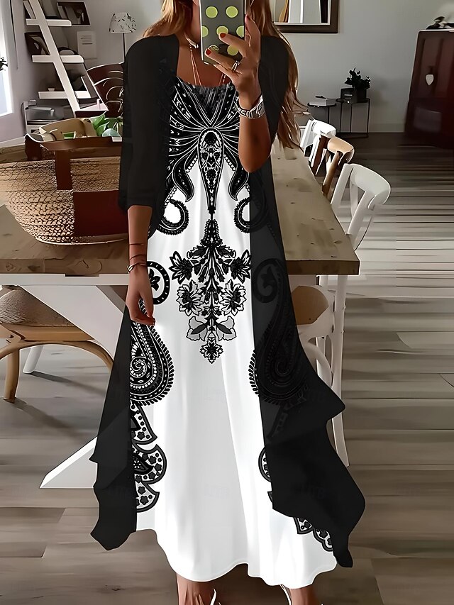 Women's Maxi Dress 2 Pieces Dress Set Sundress Summer Dress Slip Dress Vacation Formal Boho Vacation Loose Fit Graphic Paisley 3/4 Length Sleeve Strap V Neck Black Summer Spring4