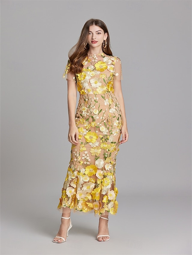 Abiti da Quinceanera Sirena  Tromba Abito Elegante Matrimonio Ospite di Matrimonio Lunghezza alla Caviglia Maniche Corte Collo a Giro in Poliestere con Ricamo