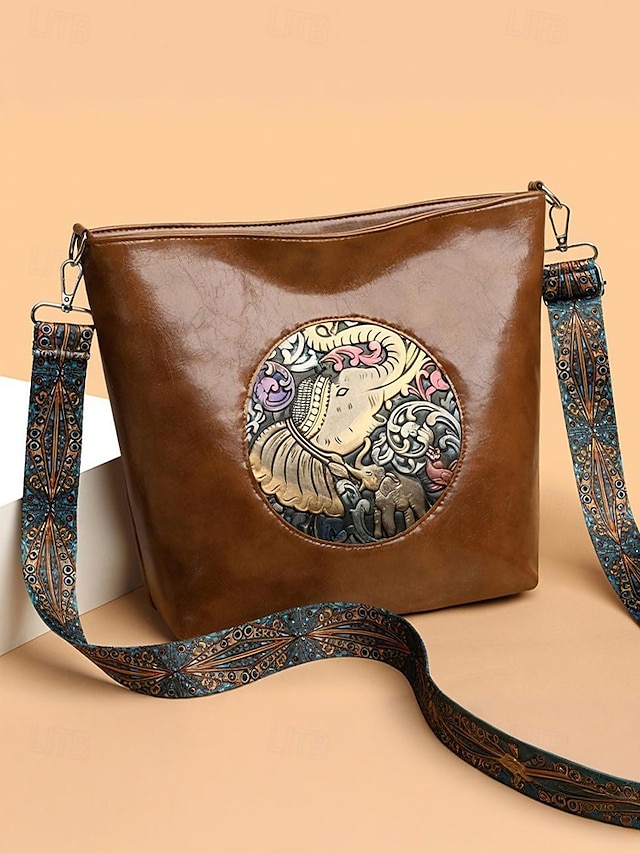  Women's Vintage Elephant Embossed Shoulder Bag – Boho Faux Leather Crossbody Purse with Adjustable Strap, Casual Travel & Everyday Handbag