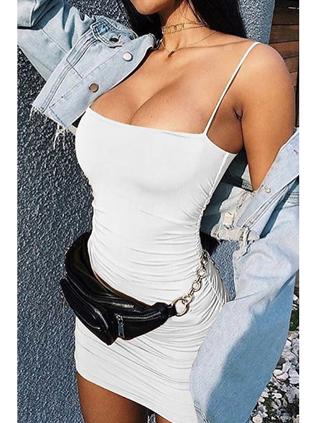  Per donna Mini Abito Abito Bianco Abito da laurea Abito Sottoveste Abito arricciato Moda Laurea Data Uscire Vestibilità regolare Semplice Senza Maniche Spalline sottili Rosa cipria Nero Bianco Rosso