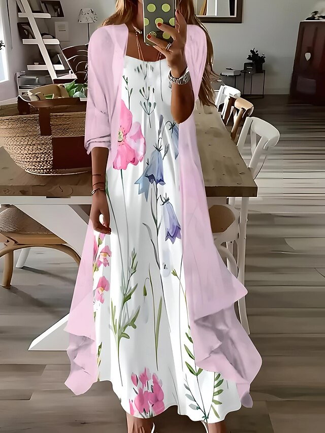 Women's Maxi Dress 2 Pieces Dress Set Sundress Summer Dress Slip Dress Vacation Formal Boho Vacation Loose Fit Floral Graphic 3/4 Length Sleeve Strap V Neck Pink Summer Spring4