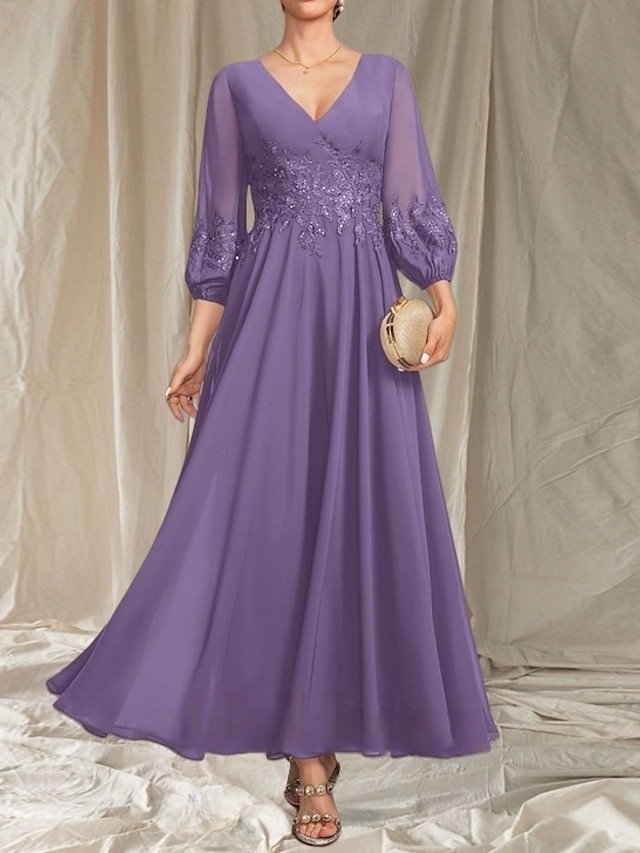  Robe Mère de la Mariée A-Line Invité de Mariage Élégante Col en V Mi-Longue en Chiffon À Manches Longues avec Perles Appliques Robe Midi 2025
