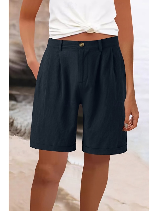  Dame Shorts i bomullslin Shorts Bukser Mote Gatemote Knelengde Høy Midje عادي Lomme comfy Utendørs Bekvem Gate Ut på byen Aprikos Grå Svart Hvit Sommer Normal