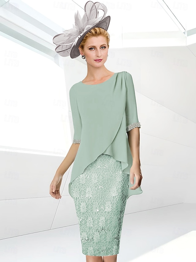  Abito Tubino da Spiaggia Madre della Sposa Elegante Collo Gioiello Lunghezza Ginocchio Sequin Chiffon Elasticizzato Manica Mezza con Ruches in Pizzo 2025 misura personalizzata gratuita