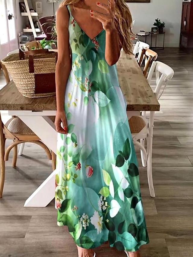  Dámské maxi šaty ležérní šaty sundress A line šaty Bohemia dovolená tropická dovolená ležérní každodenní regulérní střih květinové grafika motýl bez rukávů V výstřih světle žluté léto jaro
