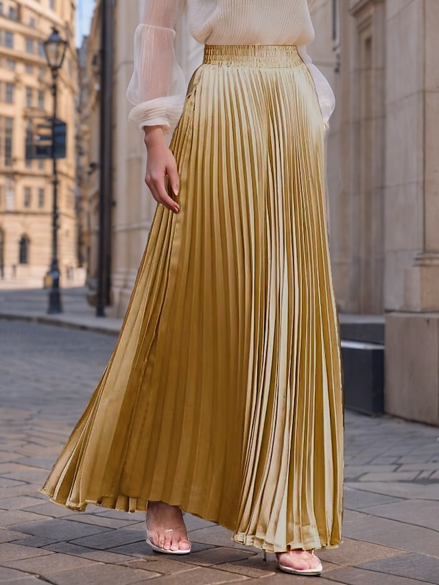  Damen Rock Langer Rock Mode Lang Maxi Hohe Taille Röcke Einfarbig Gerafft Plissiert Schimmernd Mikroelastisch Täglich Ferien Silber Pfauenblau Marineblau Schwarz Frühling, Herbst, Winter, Sommer