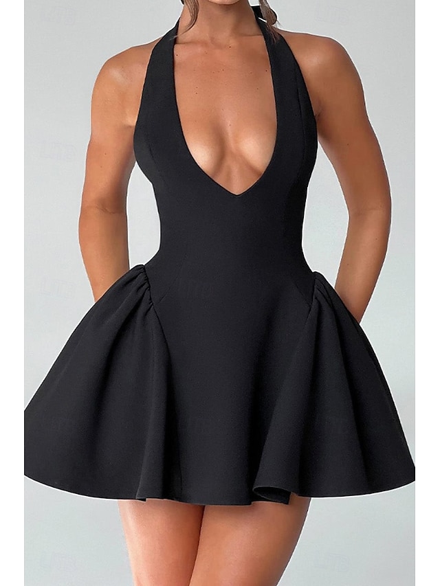  Per donna Mini Abito Abito da laurea Abito con Collo Allacciato Moda Laurea Data Uscire Vestibilità regolare Semplice Senza Maniche All'americana Nero Estate