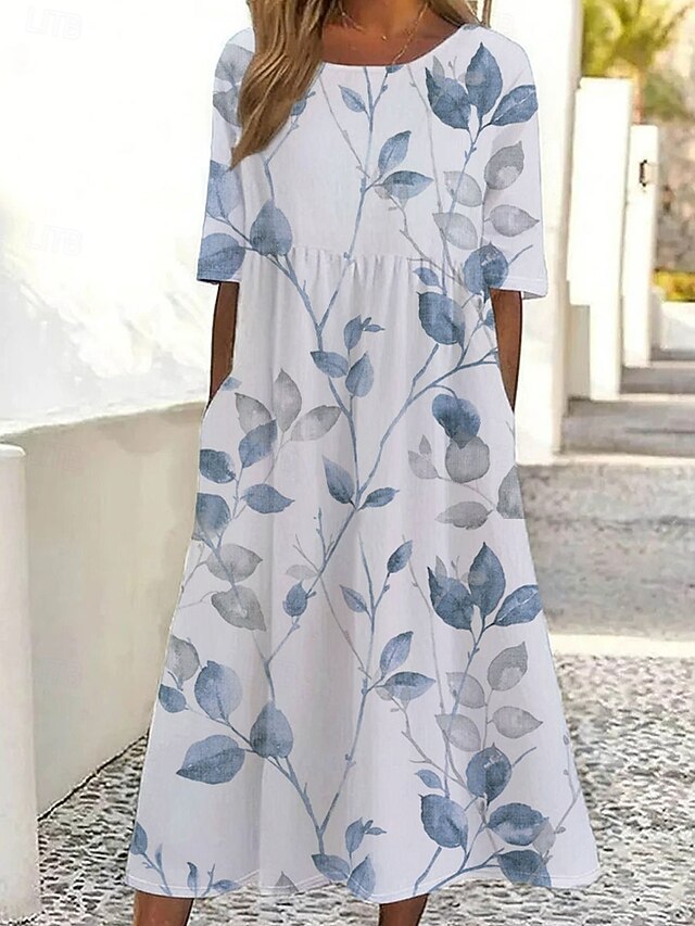 Women's Midi Dress Sundress Summer Dress Vacation Casual Beach Daily Holiday Tea Party Loose Fit Floral Graphic Short Sleeve Crew Neck White Blue Summer3